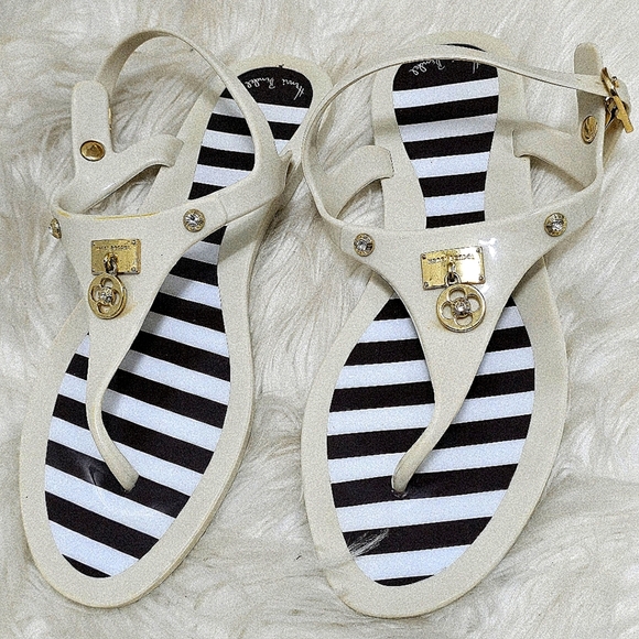 Henri Bendel Striped Goldtone Crest Jelly Ankle Strap Sandals Size 7🌴 - Picture 8 of 10